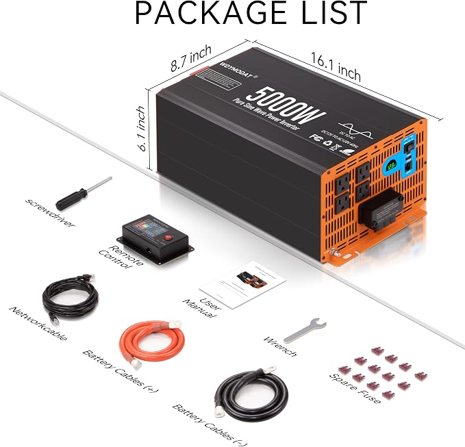 5000W Pure Sine Wave Inverter,12V DC to 120V AC Car Power Inverter 10000W Peak with 4 AC Outlets, 3.0A USB and Type-C, LCD Display 16.5 ft Remote Control for RV Truck Travel Solar Emergency