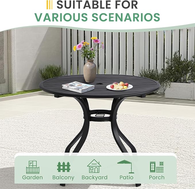 LVUYOYO Outdoor Round Patio Dining Table, Metal Round Table with Umbrella Hole, All-Weather Furniture for Backyard, Garden, Balcony, Porch (Black)