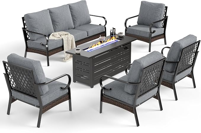 SUNSHINE VALLEY 6 Piece Black Metal Outdoor Patio Furniture Sets with Firepit Table, Patio Conversation Sets 1 3-Seater Sofa, 4 Single Sofa with 5.75" Extra Cushion Backyard Furniture for Deck, Gray