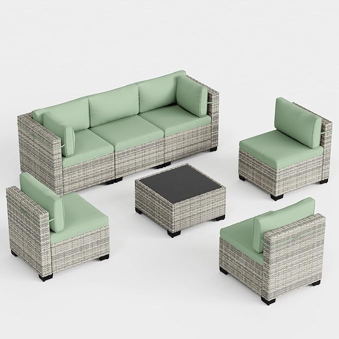 7-Piece Outdoor Patio Furniture Set, PE Wicker Rattan Sectional Sofa Conversation Set with Tempered Glass Table & Thick Cushions - All-Weather Garden, Backyard Furniture, Light Green