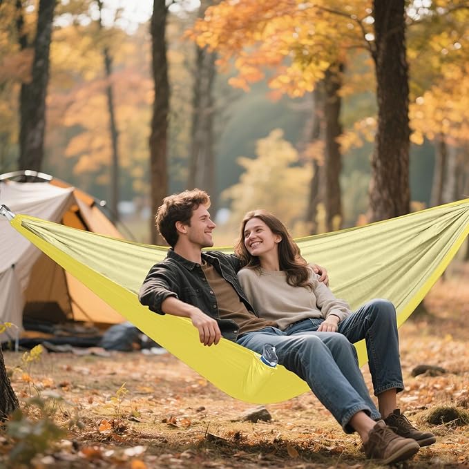 Yellow Solid Color Camping Hammock, Portable Lightweight Single Hammock with Tree Straps and Aluminum Carabiners, 114" x 54" Travel Hammock for Hiking Backpacking Beach