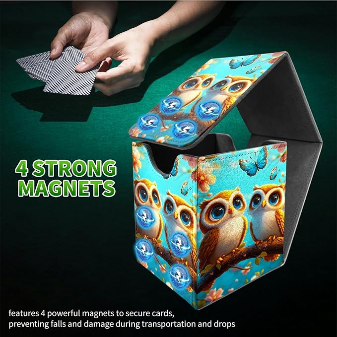 Deck Box for MTG, Cards Storage Box Fits 120+ Sleeved, Leather Medium Size Strong Magnetic Closing Card Case for Board Games Magic TCG CCG Baseball Collection, Owl Blue