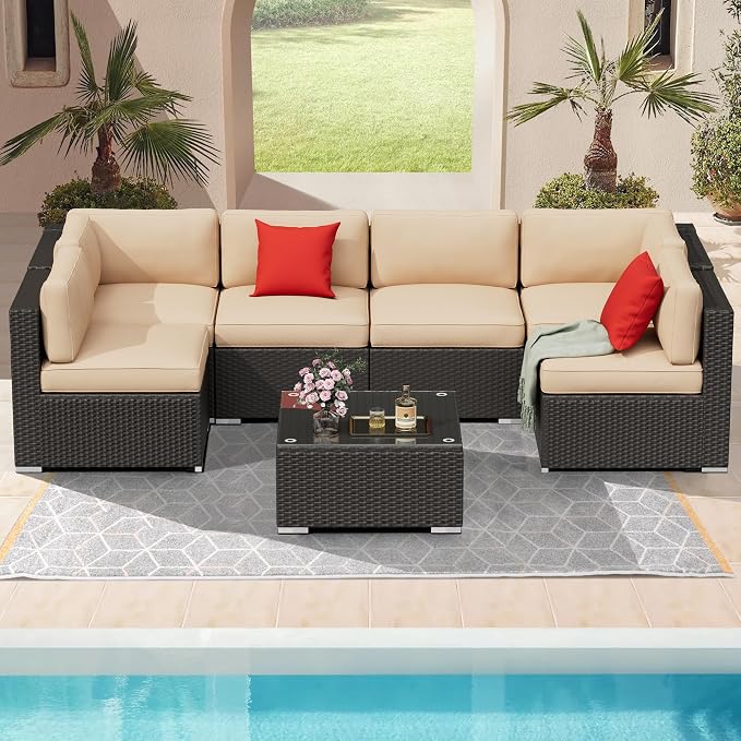 8 Pieces Outdoor Patio Furniture Set with Waterproof Cover, Black Brown Wicker Patio Sectional Sofa Set, Outdoor Couch with Cushion and Tempered Glass Table, Beige