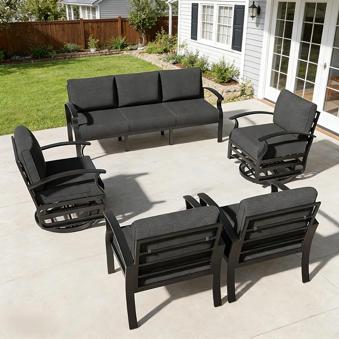 Aluminum Outdoor Patio Furniture Set,5 Pieces 7 Seats Patio Conversation Sets with 2 Swivel Rocking Chairs,Metal Patio Sectional Furniture Set with 5.1" Thickened Cushions,Black