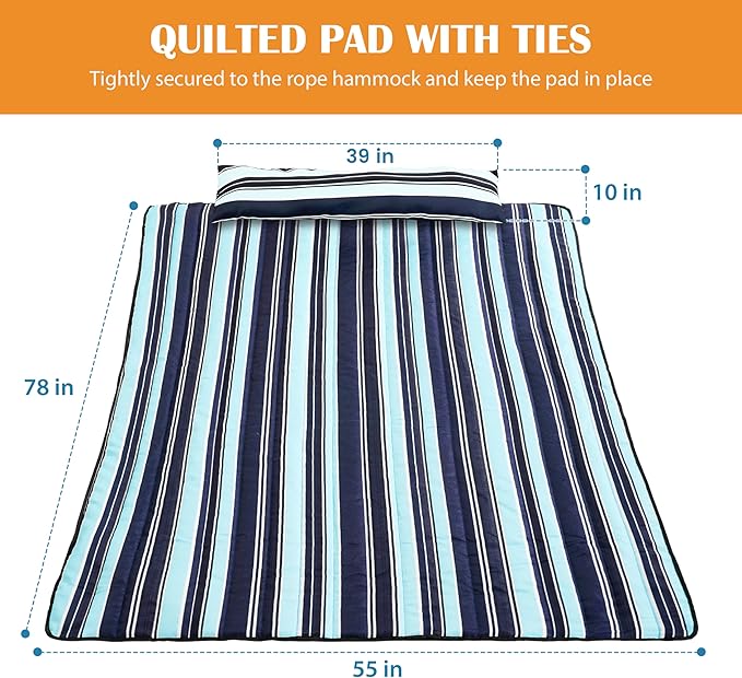 Lazy Daze Hammocks 2 Person Hammock Pad and Pillow Set, Double Polyester Quilted 78" x55" Replacement Pad for Rope Hammock, Navy Blue Stripes