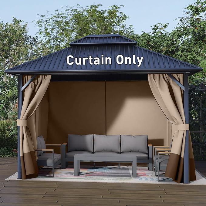 Aoodor 12x12 ft Outdoor Gazebo Curtains, 4 Panels Waterproof Privacy Sidewall Replacement with Zipper for Patio Pergola and Canopy, Sand Yellow and Brown
