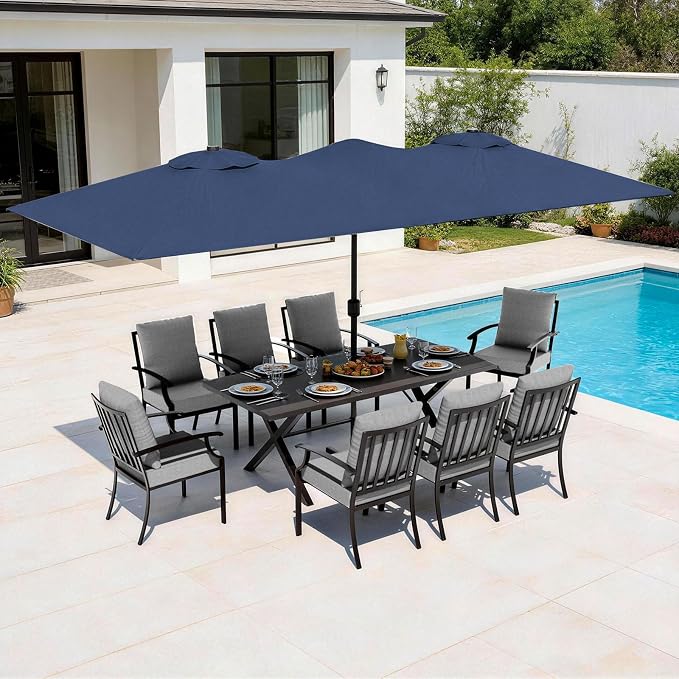 10 Piece Outdoor Dining Set for 8, Patio Table and Chairs Set with Umbrella, Metal Patio Furniture Set with 8 Stackable Chairs, Outdoor Table and Chairs with Cushions for Lawn, Garden, Yard-Grey
