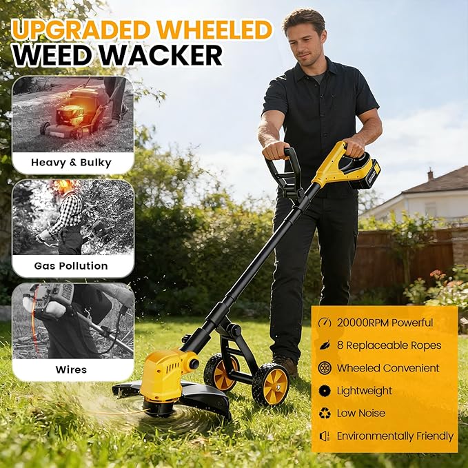 Electric String Trimmer, 14-Inch 2x3.0Ah 21V Battery Powered Weed Eater, Electric Lawn Mower Weed Wacker with Wheels, Brush Cutter Grass Trimmer for Garden Yard