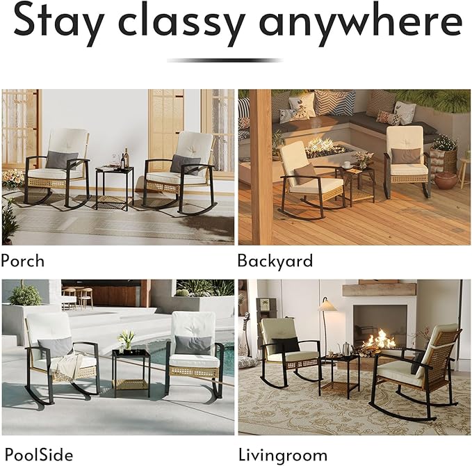 ENSTVER 3 Pieces Outdoor Rocking Chairs Set of 2 with Thick Cushions and 2-Tier Coffee Table, Patio Rocking Chairs Bistro Set with Durable PE Rattan for Front Porch and Balcony