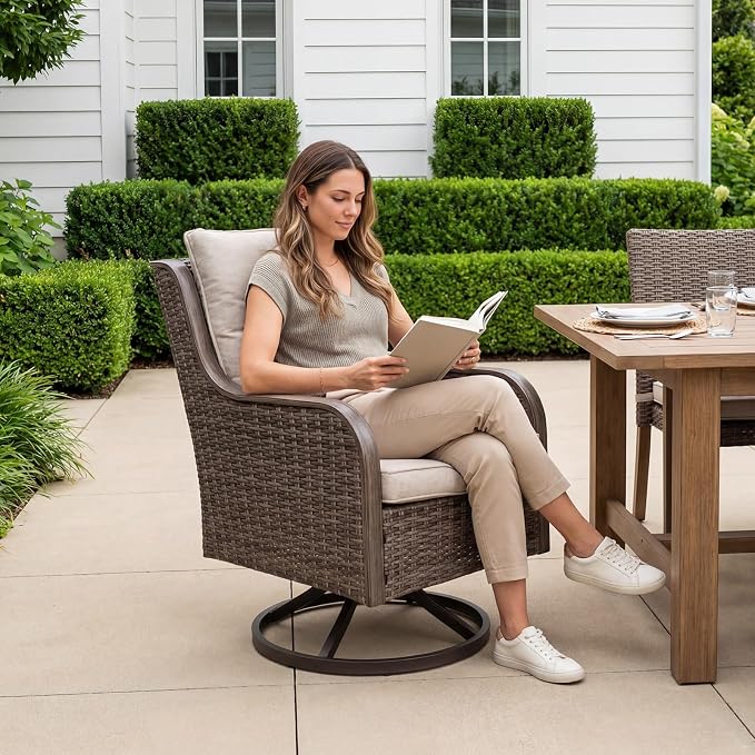 Loungewave Swivel PE Wicker Chair, Outdoor High Back Swivel Patio Chair, 360 Degree Outdoor Swivel Chair with Cushion, Patio Furniture for Porch Balcony Garden, Poolside (Brown/Beige)