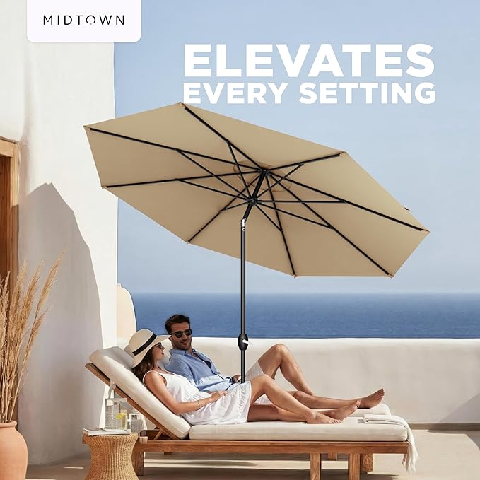 Midtown Umbrellas – The Lean 8 Ft Patio Umbrella with 10-Year-No-Fade Acrylast Acrylic Fabric, Auto-Tilt and 8 Reinforced Ribs for Deck, Pool, Garden, Hotel & Cafes – Sahara Canopy, Black Pole