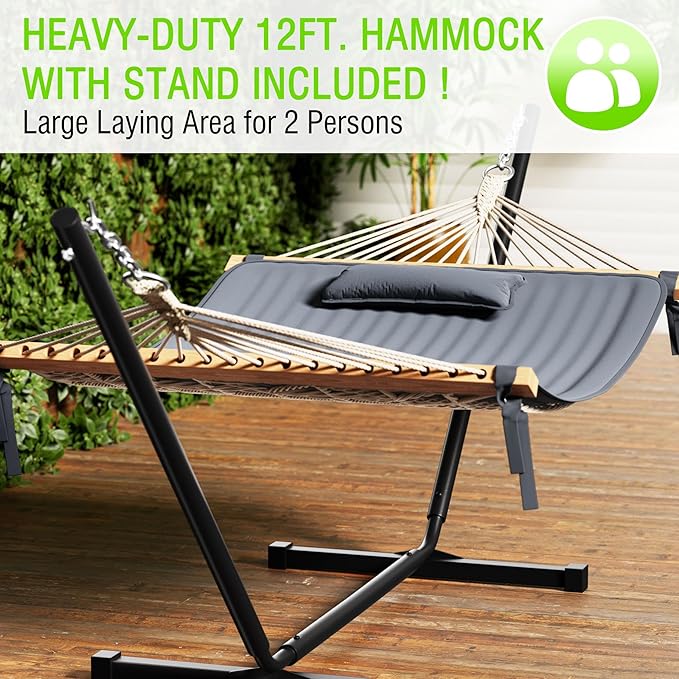 MUPATER 12FT Double Hammock with Stand Included, 2 Person Hammock, Outdoor Quilted Hammock with Stand, Rope Hammock with Pad and Pillow, hamacas para adultos,Grey
