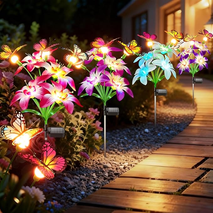 Garpar Solar Flowers Lights Outdoor Waterproof, Upgraded 8 Pack Solar Garden Lights with 32 Lily & 24 Butterflies, Bright Color Changing Outdoor Decor for Outside Yard Patio, Gift (8)