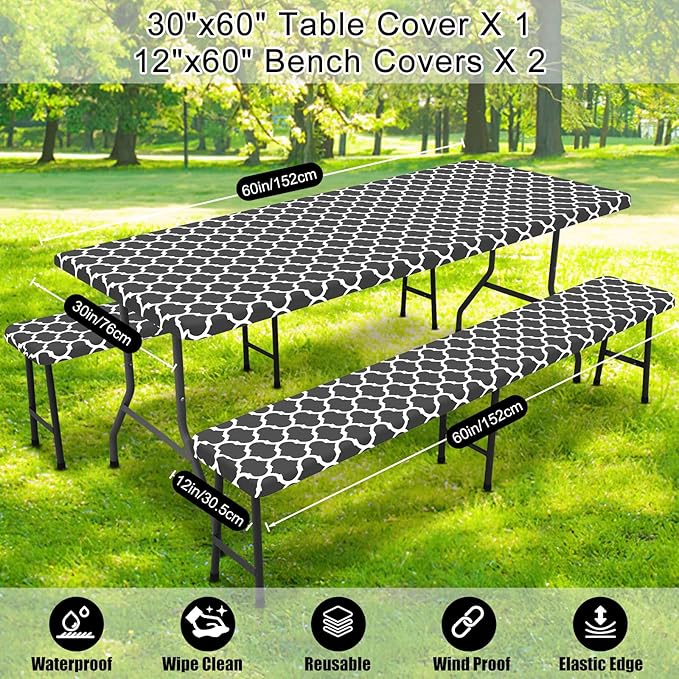 Smiry Picnic Table Cover with Bench Covers, Waterproof Elastic Fitted Tablecloth for 5 Foot Tables, Washable Polyester Tablecloths for Camping, Indoor & Outdoor (Dark Grey, 30x60 Inch 3-pc Set)