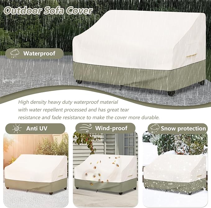 Bitubi Waterproof Patio Sofa Cover, Heavy Duty 3-Seater Outdoor Couch Cover Size Up to 85W x 38D x 35H Inches, Lawn Patio Furniture Covers with Air Vent (Beige)