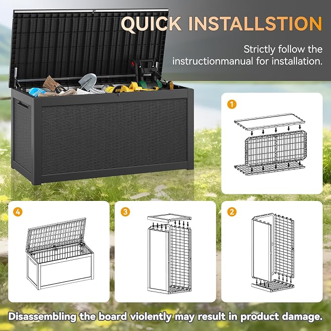 KAMABOKO 330 Gallon Outdoor Storage Box, Resin Large Deck Box Outdoor Waterproof Storage Bench with Lockable Lid for Patio Cushions, Garden Tools, Package Delivery, Pool Supplies, Black