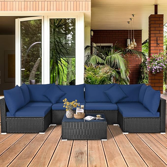 COSTWAY 7 Pieces Patio Furniture Set, Outdoor Rattan Conversation Set with 6 Seats, Coffee Tea Table, Soft Cushions, Wicker Patio Sectional Sofa for Garden Balcony Porch Poolside, Navy