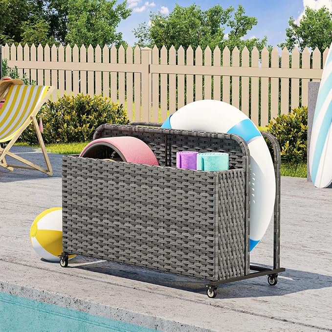 Poolside Deck Box, Poolside Storage Organizer With Pe Rattan Wicker Basket, For Floats & Accessories, Galvanized Frame With Locking Wheels