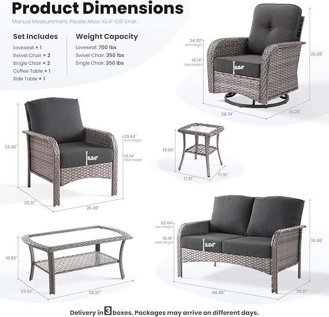 ovios 7-Piece Patio Furniture Set, Outdoor Wicker Sofa with Swivel Chairs Coffee Table, High Back Rattan Couch Loveseat with Comfy Cushions for Porch Yard Deck, Black