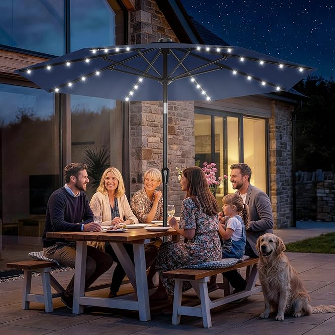 AreShark 9FT Patio Umbrella with Solar Lights, 32 Lighted Pool Umbrella w/Tilt and Crank, Outdoor Market Solar Umbrellas for Garden, Deck, Backyard, Pool and Beach, Navy