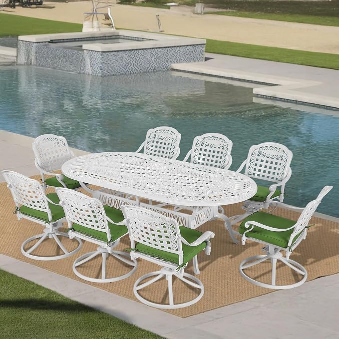 VIVIJASON 9-Piece Outdoor Patio Furniture Dining Set, All-Weather Cast Aluminum Conversation Set, Include 8 Swivel Rocker Dining Chairs and an Oval Table with Umbrella Hole, White/Green Cushion