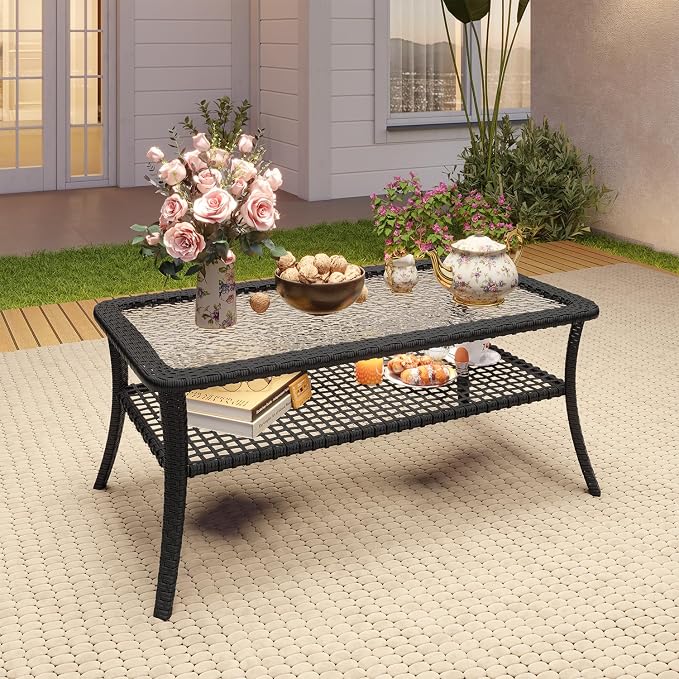 LazySunsets Outdoor Coffee Table with Storage Wicker Patio Coffee Table, Tempered Glass Top Table for Patio Outside Balcony Porch Deck, Black
