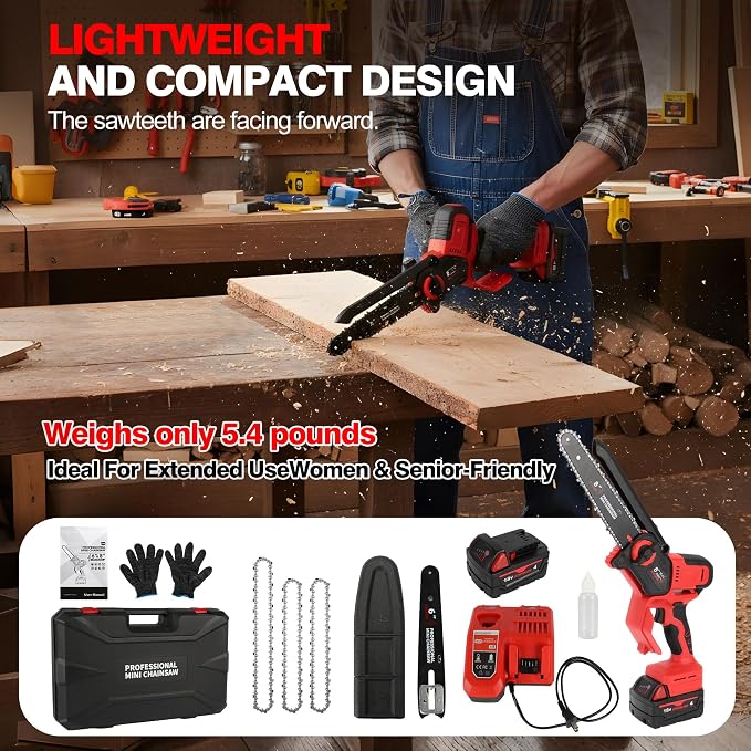 2026 Upgraded 8-Inch Brushless Cordless Chainsaw with 6-Inch & 8-Inch Guide Plates, Compatible for Milwaukee M18 18V Battery (4.0Ah Included), Tool-Free Chain Tensioning & Automatic Lubrication System