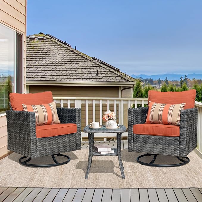HOOOWOOO Wicker Outdoor Swivel Bistro Set for 2,3 Piece Patio Rocking Chairs and Table,All Weather Resistant Outside Out Door Rattan Rockers Furniture Set,Orange Red