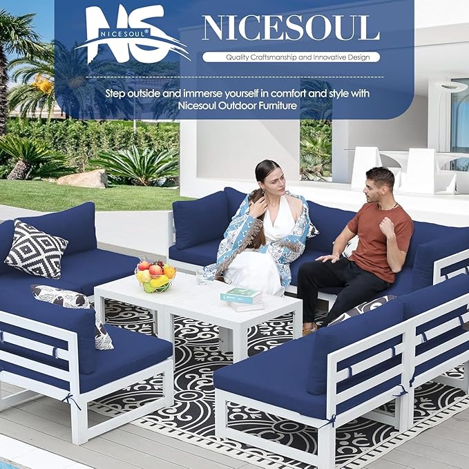 NICESOUL 12 Pcs Aluminum Patio Furniture Set for Large Groups, 500lbs Heavy Duty Outdoor Sectional Sofa with Coffee Table, L Shaped 29" Deep Wide Seating Conversation Couch for Garden Lawn, Navy Blue