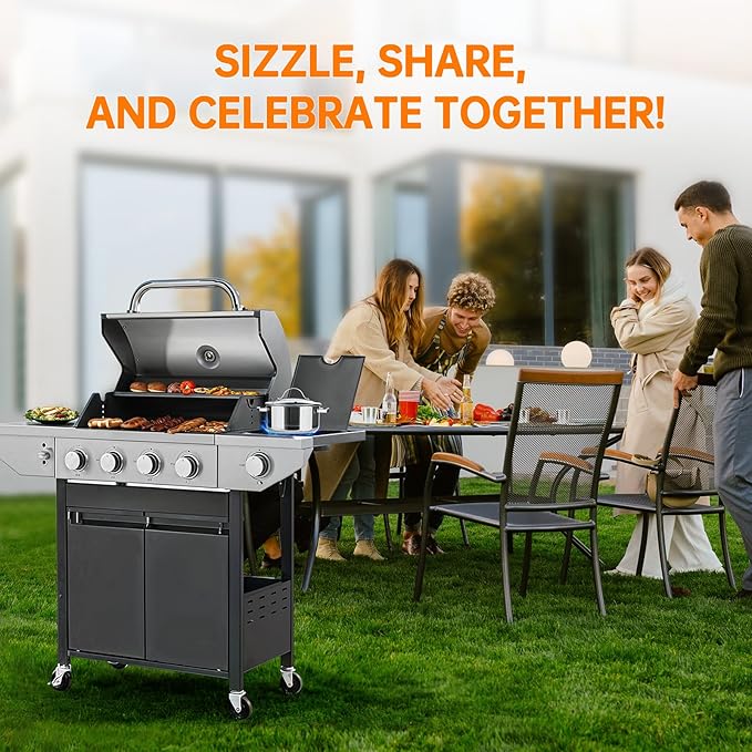 4 Burner Propane Gas Grill with Side Burner, Stainless Steel BBQ Grill 48,500 BTU for Outdoor Cooking Kitchen, Garden and Patio Backyard Barbecue, Dark Black and Silver