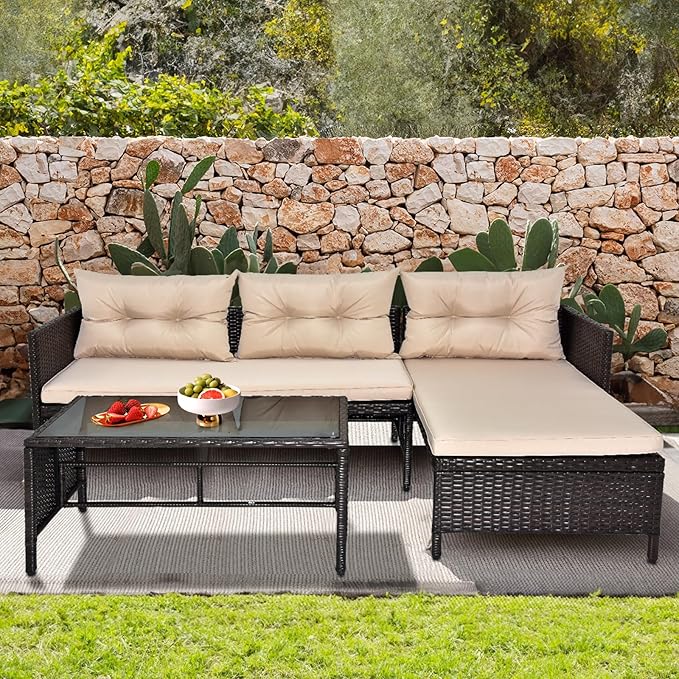 3 Piece Outdoor Patio Furniture Set, Rattan Wicker Sofa Set, Outdoor Furniture Chair Set with Tea Table, Sofa Set, Outdoor Furniture Rattan Patio Conversation Set with Coffee Table