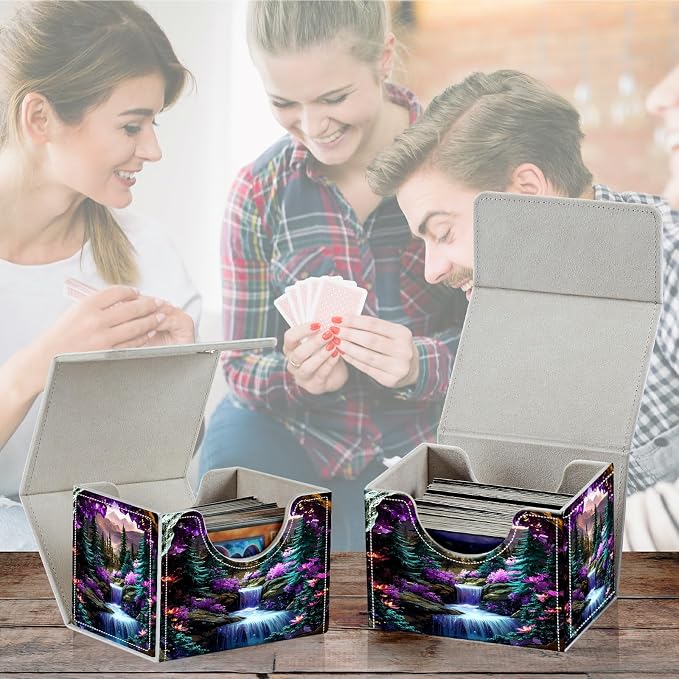 Card Deck Box for MTG, Cards Storage Box Fits 120+ Sleeved, Leather Small Size Strong Magnetic Closing Card Case for Board Games Magic TCG CCG Baseball Collection, Purple Mountains