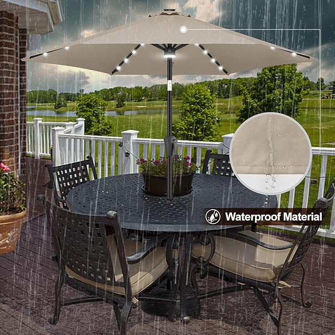 FLAME&SHADE 7.5 FT Solar Light Patio Umbrella, 24 LED Lights Outdoor Umbrella with Centre Surround Light, Table Umbrella Outdoor Patio for Deck, Pool, Backyard, Garden, UV Protection (Taupe)