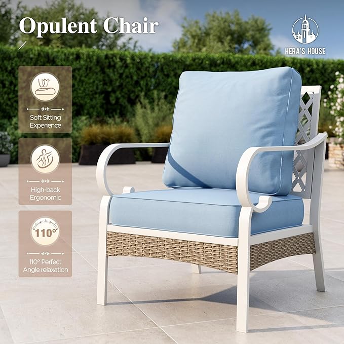 HERA'S HOUSE 5 Piece Metal Patio Furniture Set, 7 Seats All Weather Outdoor Conversation Set, 3 Seat Sofa with Loveseat, 2 Fixed Chairs, Coffee Table for Backyard, Garden, Deck, White/Blue