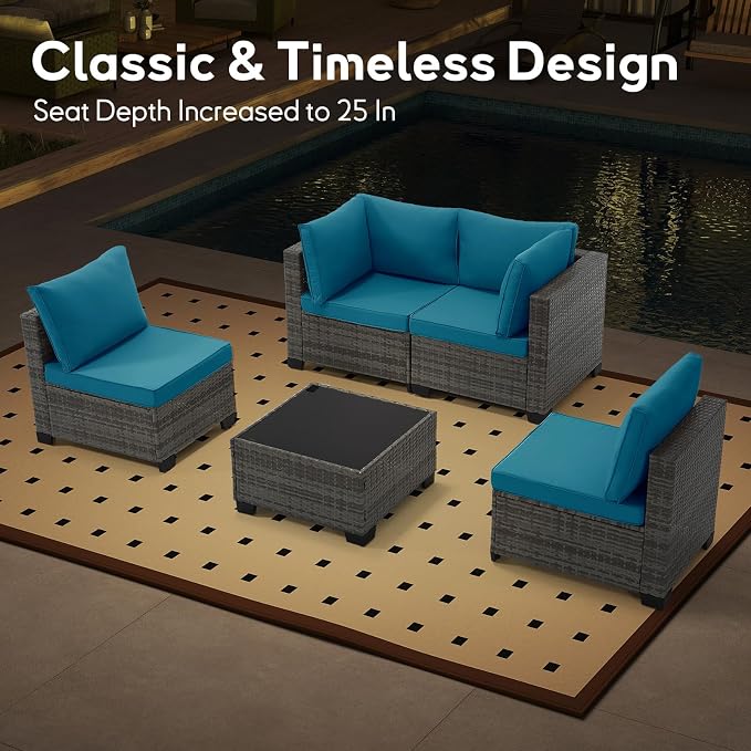 Bonzy Home 5 Pieces Outdoor Patio Furniture Set, PE Rattan Outdoor Sectional Furniture Sofa Set with Removable Cover and Glass Coffee Table, Patio Sofa for Balcony, Porch, Garden, (Grey-Turk Blue)