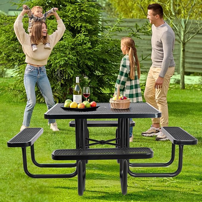 46IN Square Metal Picnic Table Set with Umbrella Hole and Benches for Outdoor, Expanded Heavy Duty Metal Commercial Grade Patio Dining Furniture for Yard Patio Lawn Party Coffee, Black