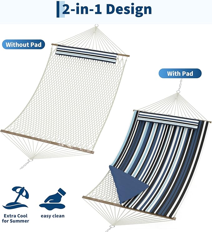 2 Person Outdoor Hammock with Stand - Cotton Rope & Polyester Pad - Adjustable Steel Frame - Relaxing Patio, Garden, Beach Lounger - Dark & Light Blue Stripes
