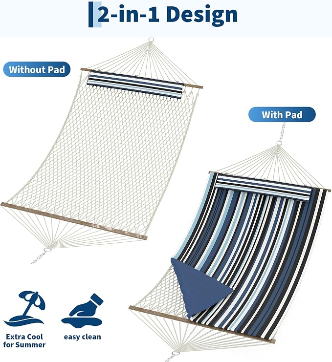 Garvee Double Quilted Fabric Hammock with Hardwood Spreader Bars and Pillow 450 LBS Capacity 2 Person Large Hammock for Outdoor Patio, Backyard, Poolside(Dark and Light Blue Stripes)