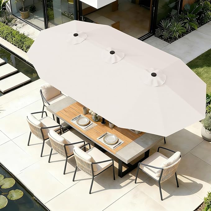 AreShark 15FT Outdoor Patio Umbrella with Crank, Large Rectangular Market Umbrella, Double-Sided Outdoor Umbrellas with Cross Base & Sandbag for Porch, Lawn, Pool, Backyard, Cream-White