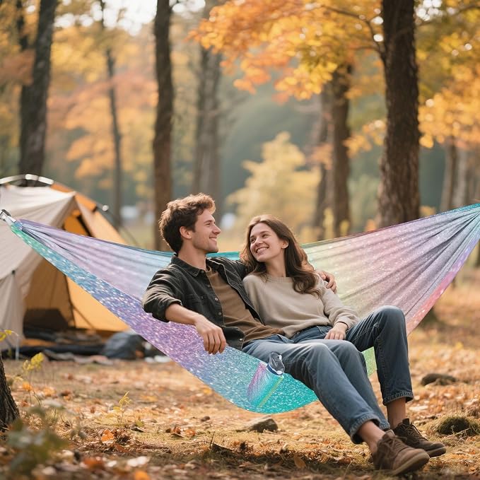 Rainbow Glitter Texture Camping Hammock, Portable Lightweight Single Hammock with Tree Straps and Aluminum Carabiners, 114" x 54" Travel Hammock for Hiking Backpacking Beach