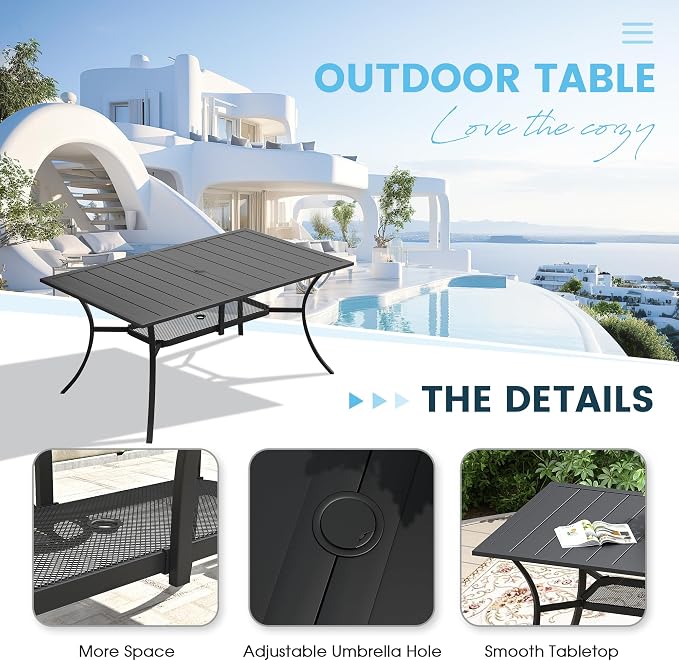 7 Pieces Patio Furniture Dining Set, 6 Textilene Swivel Dining Chairs, 59" Outdoor Rectangular Metal Table with 1.57" Umbrella Hole, Outdoor Dining Set for Porch, Lawn, Garden, Black/Brown