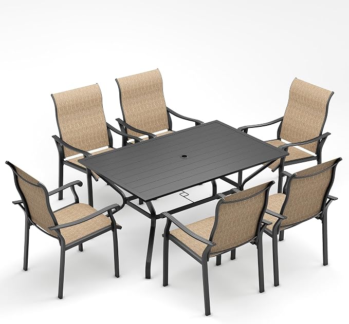 UDPATIO 7 Piece Patio Dining Set for 6, Patio Outdoor Table and Chairs, 59"×38" Black Table with Umbrella Hole, Brown Patio Chairs, Patio Table with Chairs, Outdoor Dining Set for Backyard, Deck