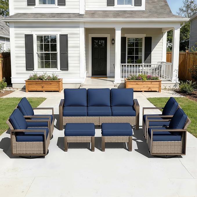 7 Pieces Metal Wicker Patio Furniture Set - 75" Sofa, Four Swivel Chairs and Two Ottomans, All Weather Rattan Outdoor Conversation Furniture with Washable Cushion for Deck Porch, Dark Blue