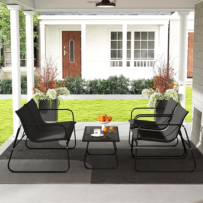 Tangkula 8 Piece Patio Furniture Set, Outdoor Metal Conversation Chair & Coffee Table Set with Mesh Seat Fabric & Tempered Glass Tabletop, Outside Bistro Set for Backyard, Porch, Poolside (Black)
