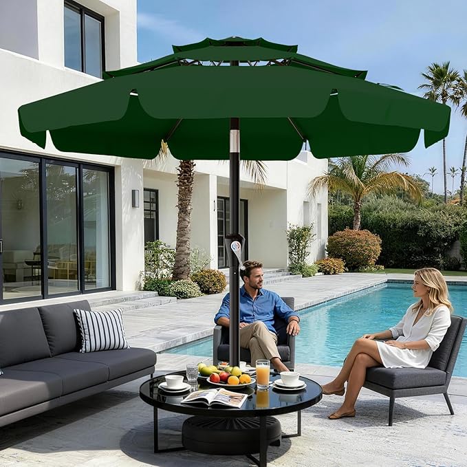 AreShark 9FT 3-Tiers Patio Umbrella with Valance, Outdoor Umbrellas with Crank/Tilt, Table Market Umbrella Vented w/ 8 Sturdy Ribs for Garden, Deck, Backyard, and Pool, Dark Green