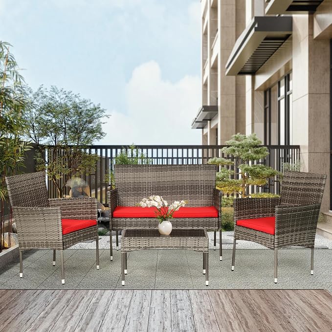 PayLessHere Outdoor Furniture Set 4 Pcs Modular Patio Furniture Set Water Resistant Conversation Set with 3 Rattan Chairs 1 Tempered Glass Topped Table for Patio Poolside, Gray Wicker/Red Cushions