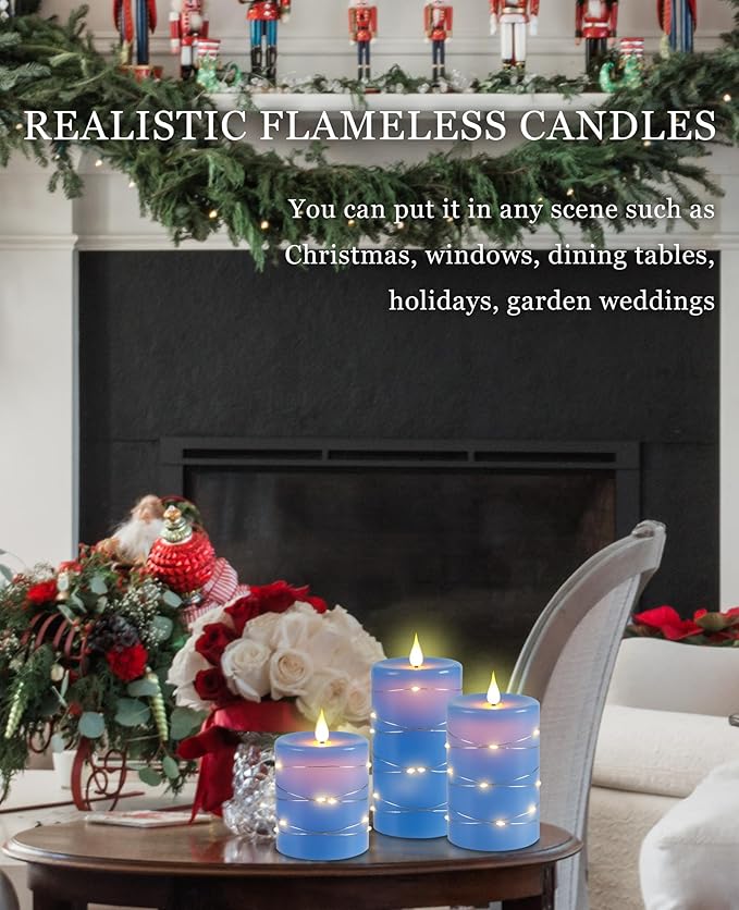 Da by Flameless Candles with String Lights,Battery Operated Candles,LED Flickering Candles with Remote Control and Timer, Real Wax, 3 Pack-Blue.