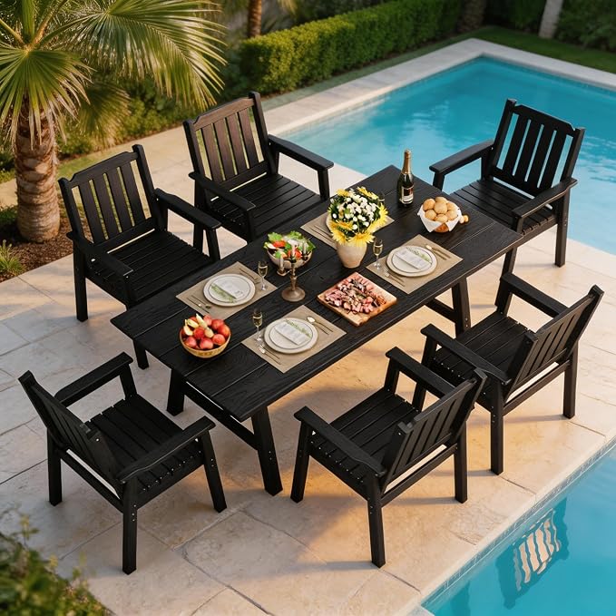 Takywep 23.9” Wide HDPE Patio Dining Chairs Set of 4, 650LBS Capacity All-Weather Yard Armchair with Slatted Seat, Heavy Duty Modern Backyard Furniture for Garden, Poolside, Deck, Black