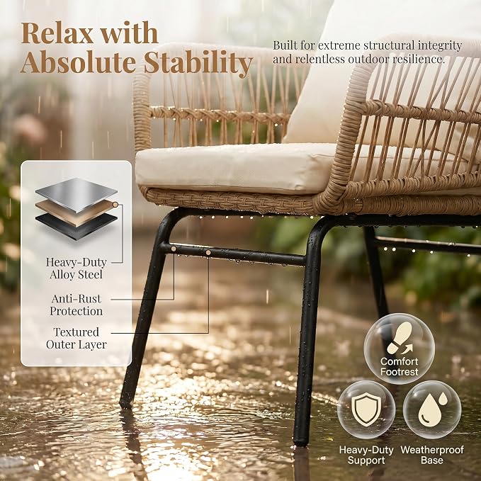 BULEXYARD 3 Pcs Boho Outdoor Patio Furniture Sets with Side Coffee Table, Natural Color Wicker Conversation Chair Sets with Cozy Beige Cushion for Backyard Porch Balcony Deck