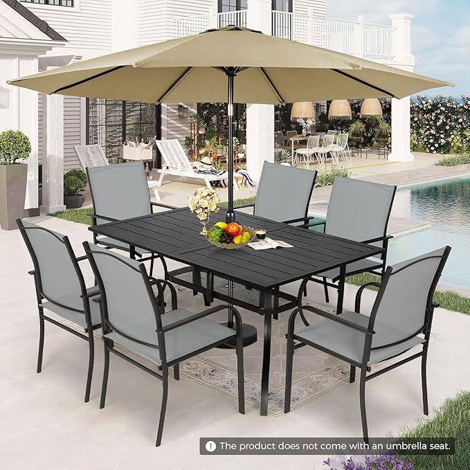 7-Piece Patio Dining Set with Umbrella,6 Person Outdoor Table and Chairs Set, 6 Metal Dining Chairs and Rectangular Outdoor Table with 1.57" Umbrella Hole,Grey